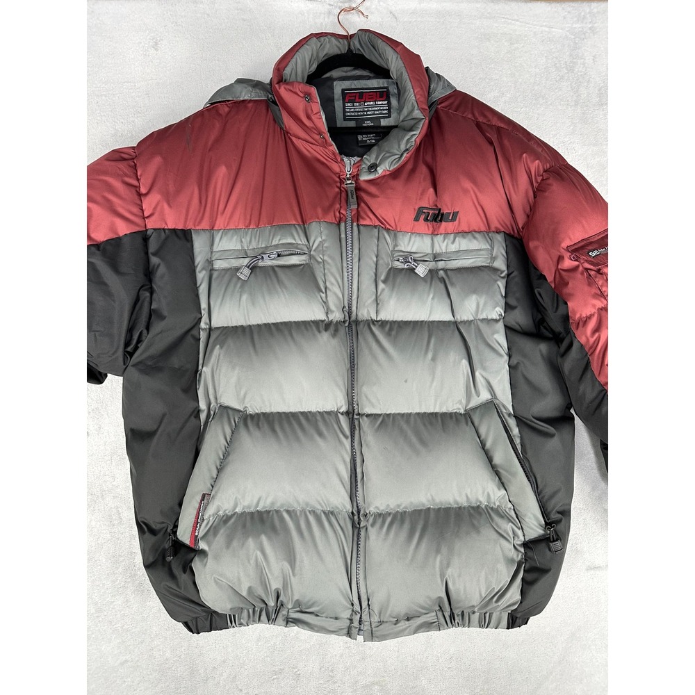 VTG FUBU Puffer Coat Mens 3XL Grey Red Black Down Fill Hooded Colorblock Jacket